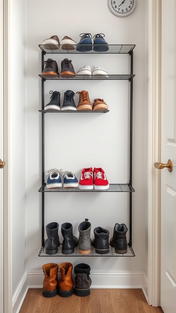 A wall-mounted shoe rack displaying various types of shoes in a neat arrangement.