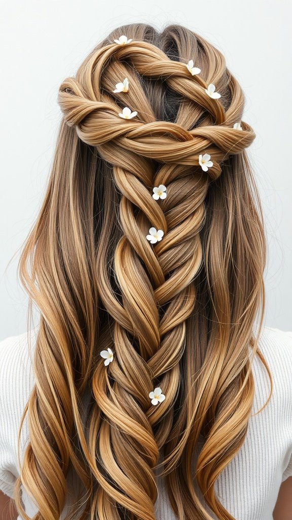 A beautiful waterfall braid adorned with small white flowers, cascading into soft waves.
