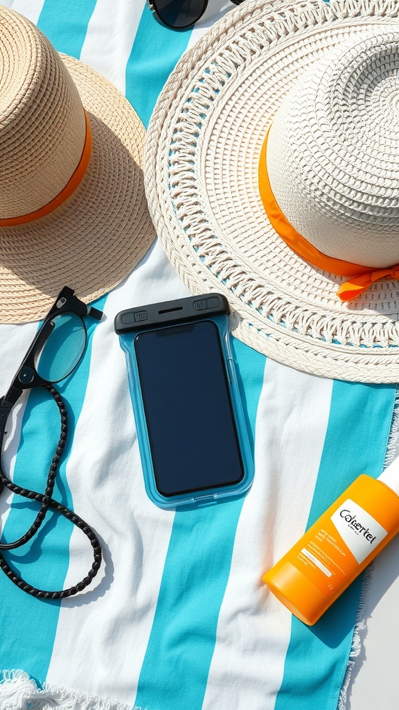 A waterproof phone case placed on a beach towel with sunglasses and sunblock.