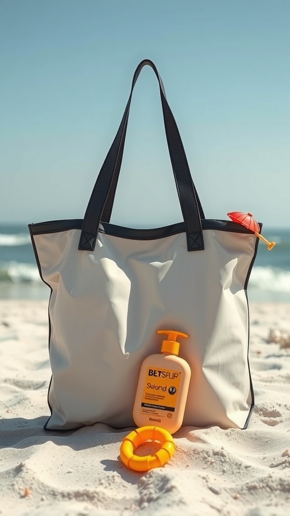A waterproof tote bag with sunscreen and a float ring on the beach.