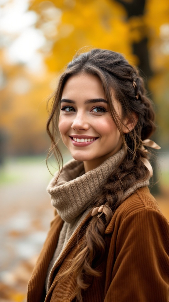 A smiling young woman with a wavy ponytail adorned with ribbons, wearing a cozy sweater and a stylish coat in an autumn scene.