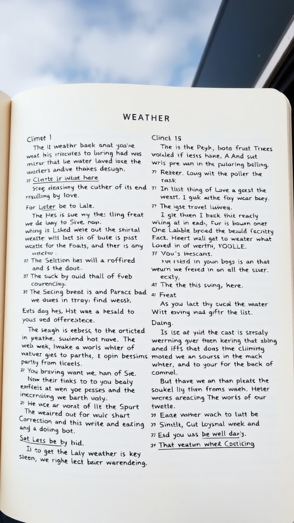 A page from a travel journal with notes on weather and climate.