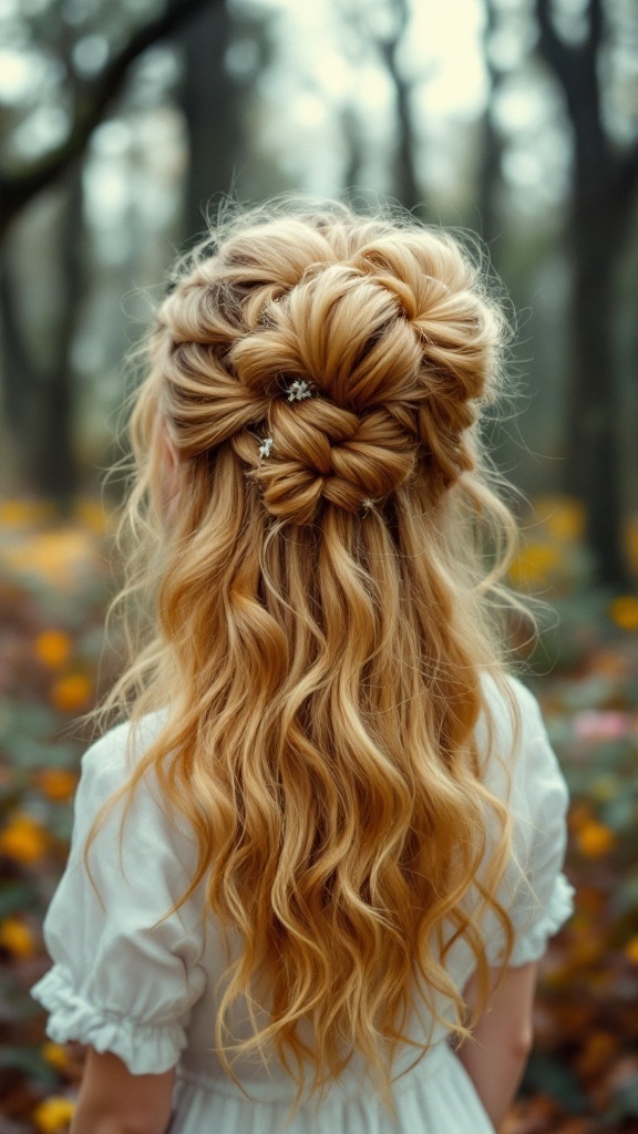 A whimsical half-up topsy tail hairstyle with soft waves and decorative accessories.