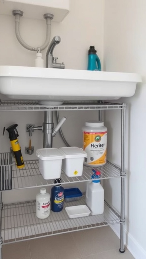 Wire shelving unit under a sink with cleaning supplies organized on the shelves.