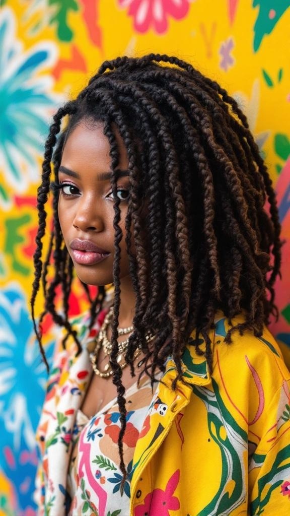 A person with zigzag cornrows and loose waves, showcasing a vibrant and stylish hairstyle.