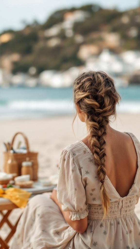 A woman with a simple side braid sitting on the beach, enjoying a picnic.