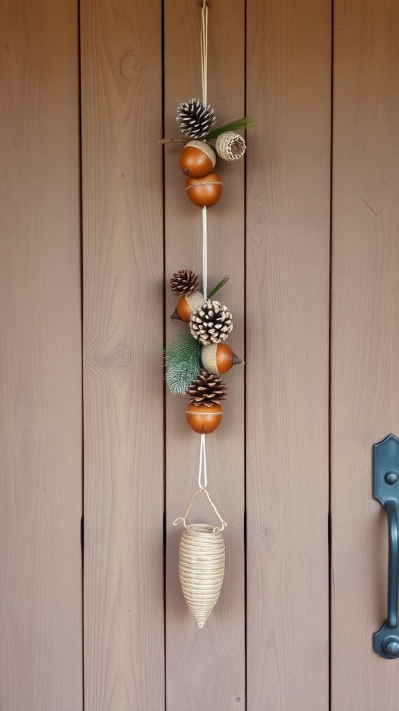 A decorative hanging featuring acorns and pinecones on a wooden door.