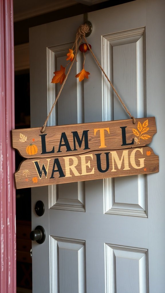 A wooden autumn-themed door sign with leaves and pumpkins hanging on a door.