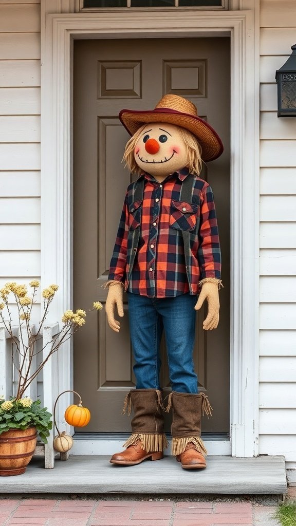 A cheerful scarecrow figure dressed in a plaid shirt and straw hat, standing on a porch with fall decorations.