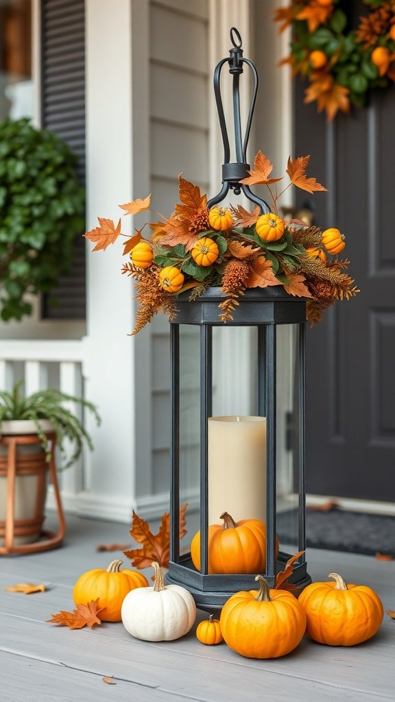 A decorative lantern surrounded by pumpkins and autumn leaves on a porch.