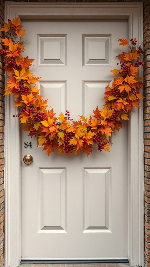 A colorful fall garland made of orange and yellow leaves with red berries, hanging on a door.