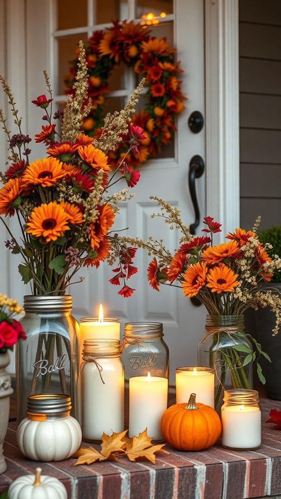 Mason jars filled with flowers and candles, decorated for fall