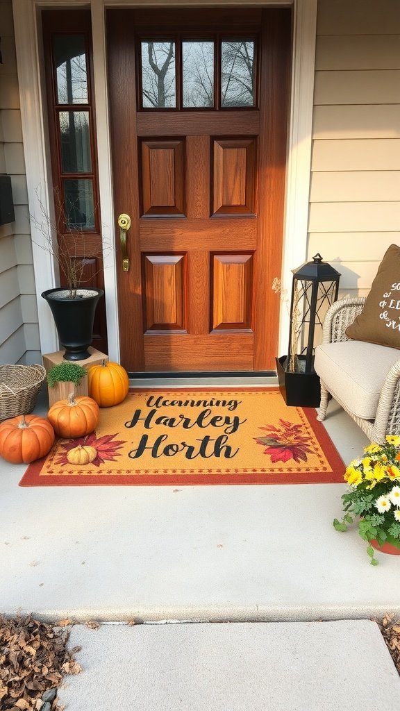 A harvest-themed door mat with the text 'Welcoming Harley Horth' surrounded by pumpkins and autumn leaves.