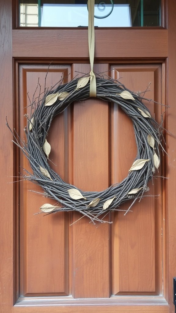 A rustic wreath made of twigs and dried leaves hanging on a wooden door.