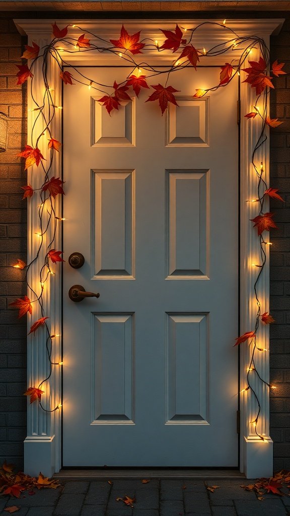 A door decorated with fairy lights and autumn leaves.