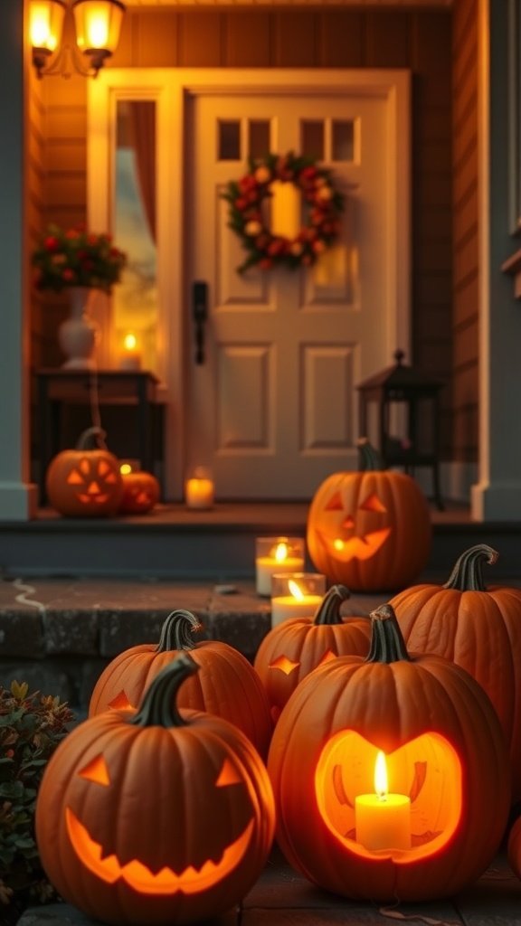 A cozy front porch with carved pumpkins glowing from within, surrounded by candles.