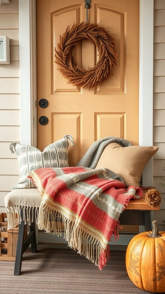 A cozy setup with a blanket and pillows on a bench near a door, featuring a wreath and a pumpkin.