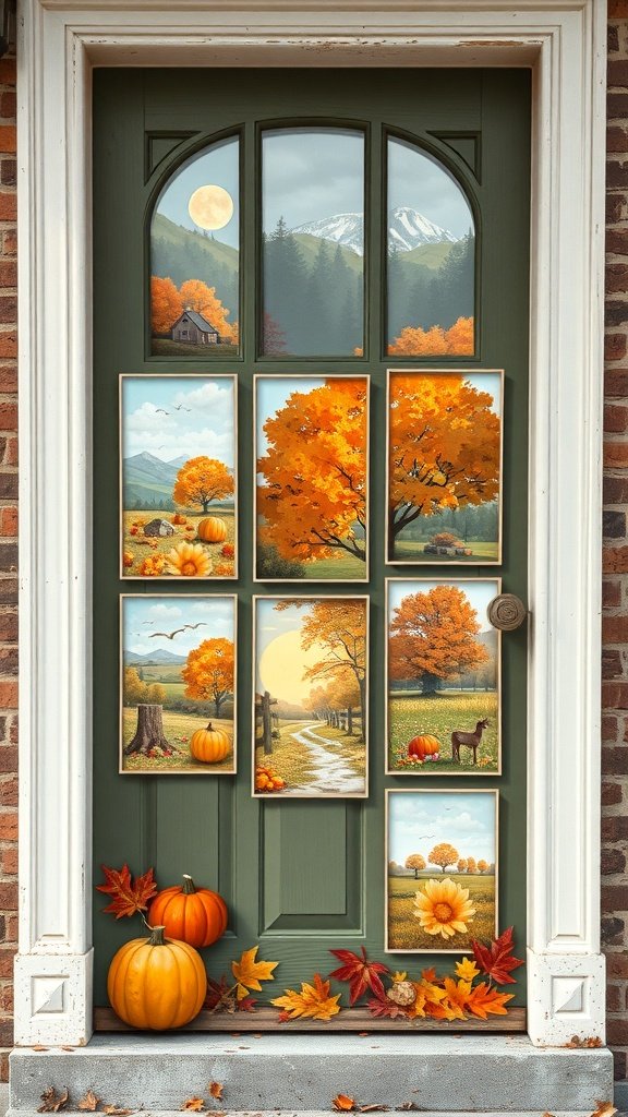 A decorative door featuring seasonal art prints with autumn themes, pumpkins, and colorful leaves.