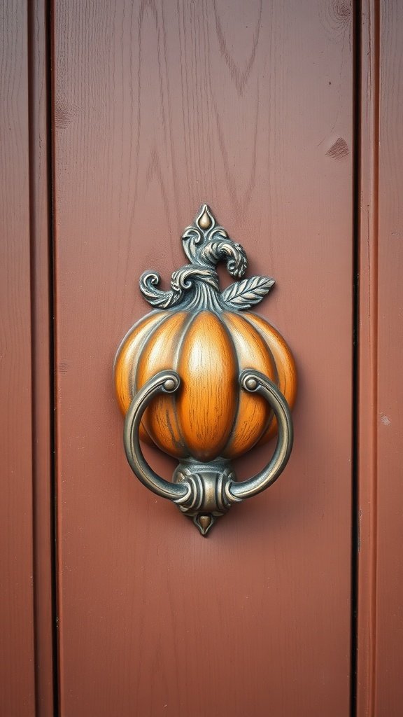 Vintage pumpkin-shaped door knocker on a brown door