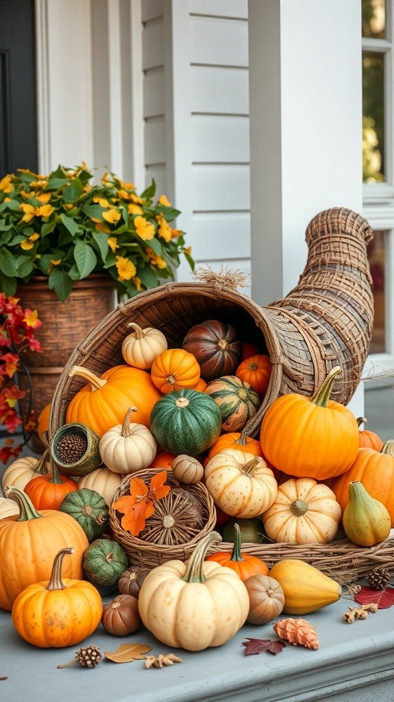 A cornucopia overflowing with various pumpkins and gourds, surrounded by autumn leaves.