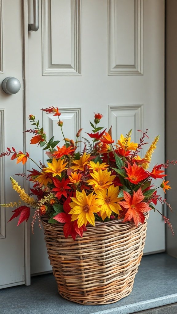 A woven basket filled with colorful fall flowers at a door entrance.