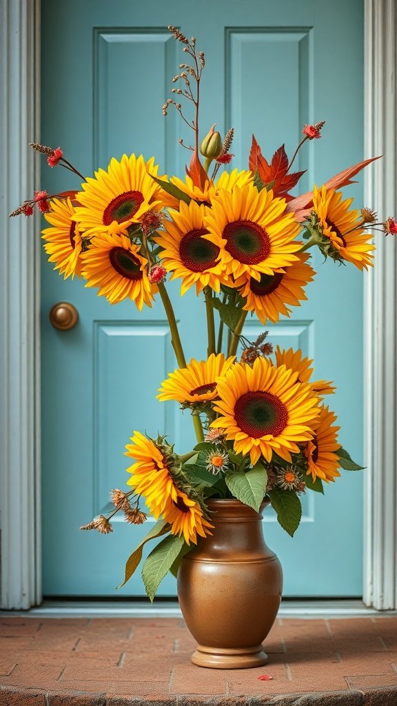 A vase filled with vibrant sunflowers on a doorstep.