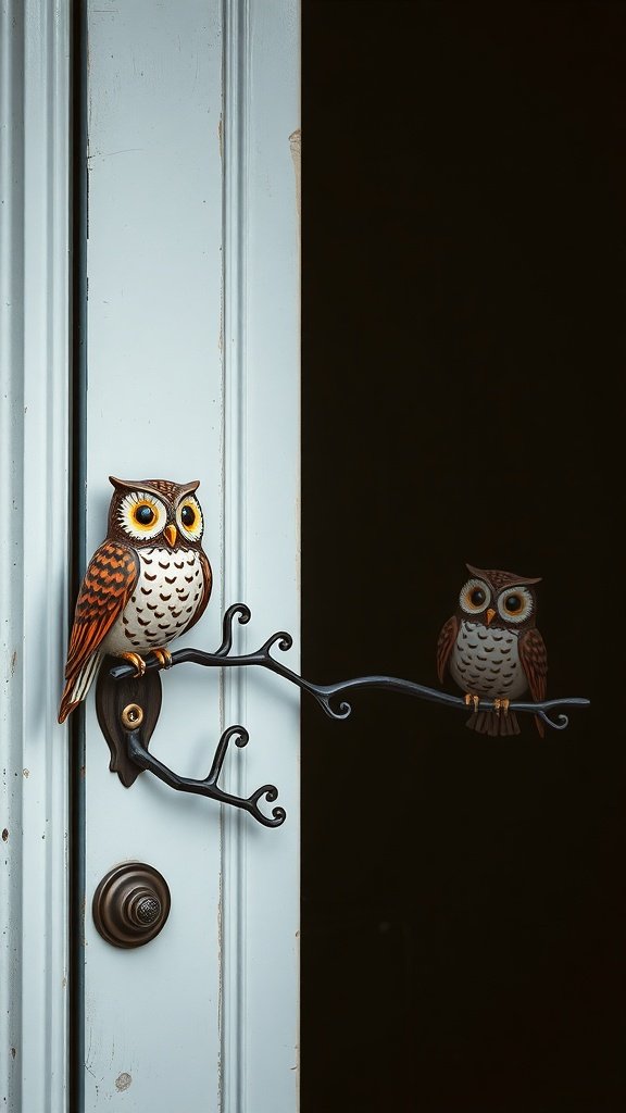 A whimsical owl door decoration featuring a colorful owl perched on a branch.