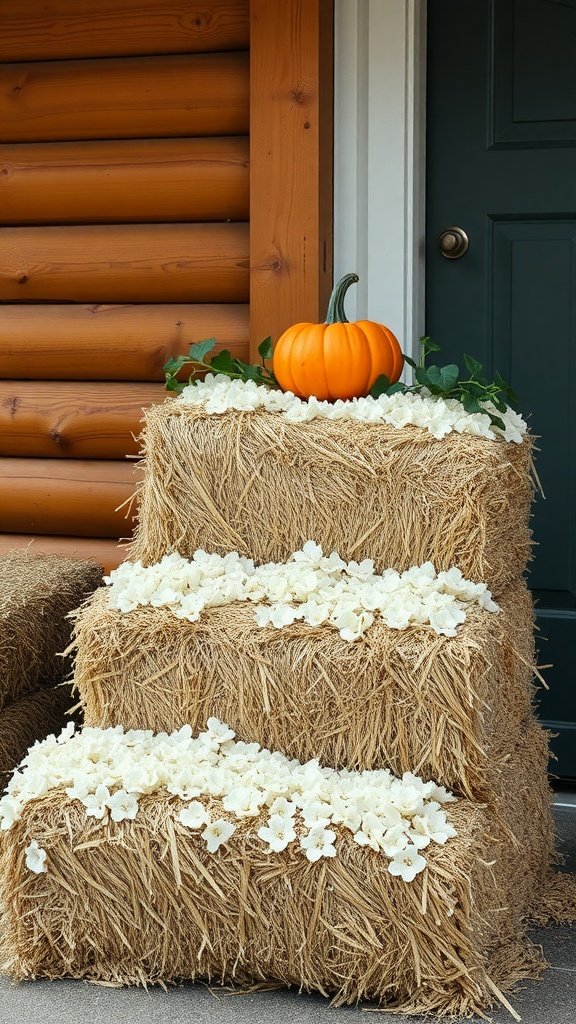 Three stacked hay bales decorated with white flowers and a pumpkin on top.