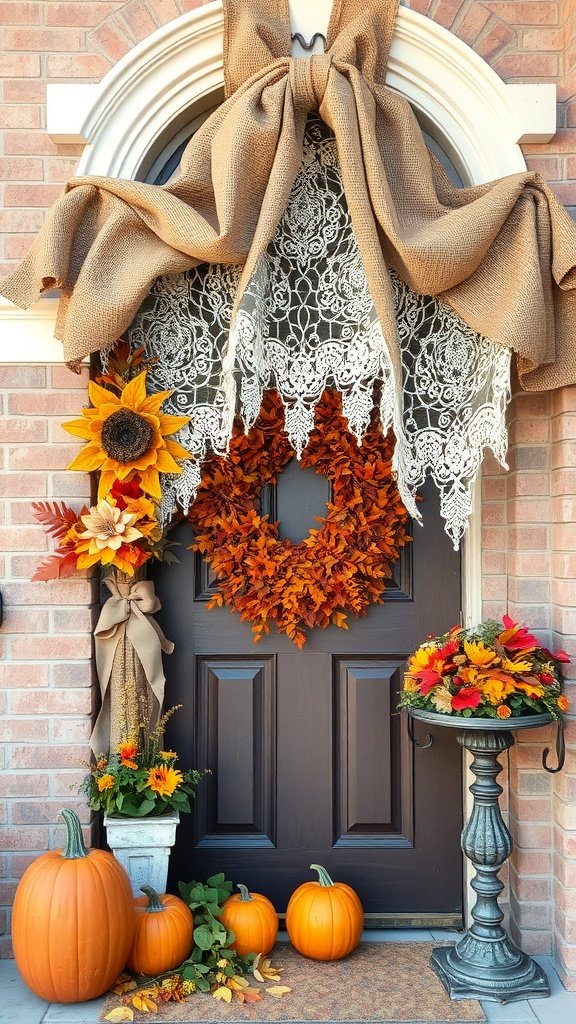 A fall-themed door decor featuring burlap and lace accents, sunflowers, a wreath, and pumpkins.