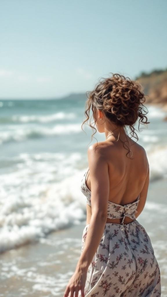 A woman with curly hair styled in an updo, standing by the beach, wearing a floral dress.