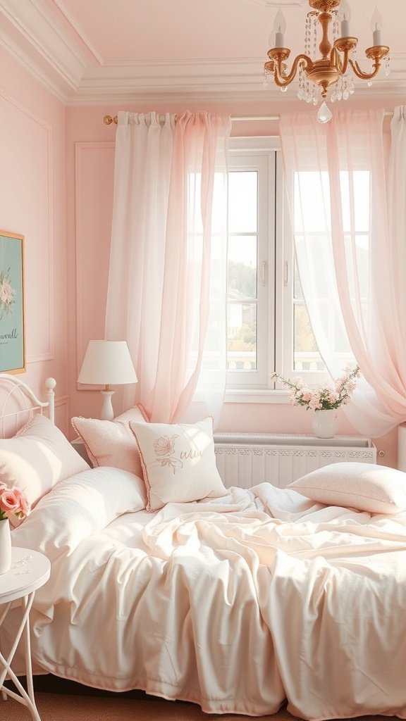 A softly decorated bedroom featuring pastel colors, light curtains, and a cozy bed.