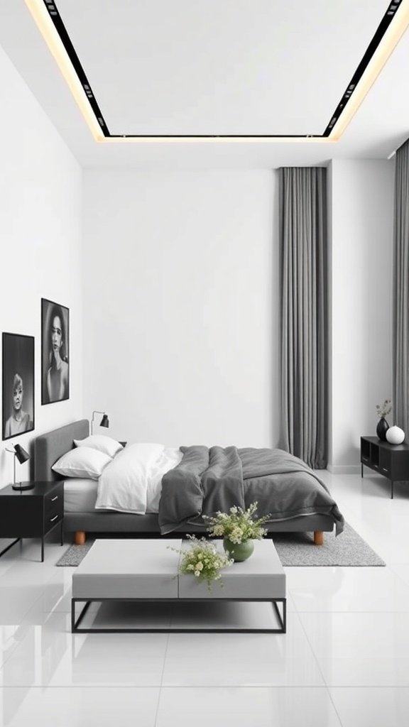 A modern bedroom featuring a monochromatic gray color scheme with a bed, nightstands, and decorative elements.