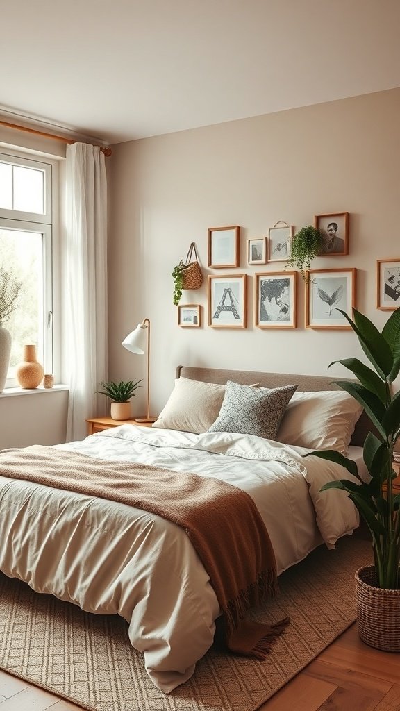 A serene bedroom featuring muted earthy hues with a cozy bed, framed pictures on the wall, and plants.