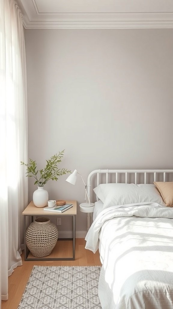 A calming light gray bedroom with a bed, nightstand, and decorative elements.