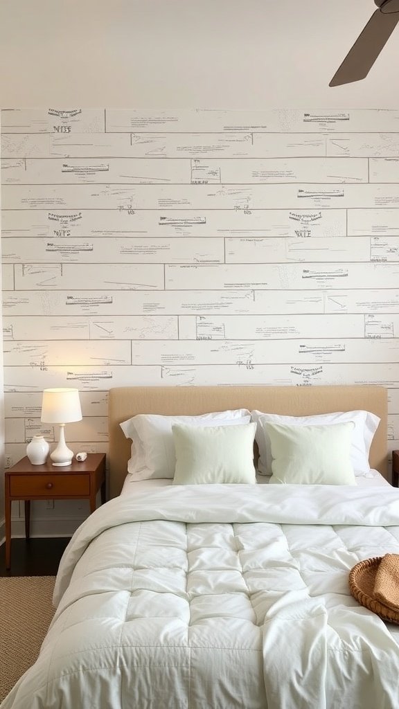 A neutral bedroom featuring a textured wall treatment with a unique design.