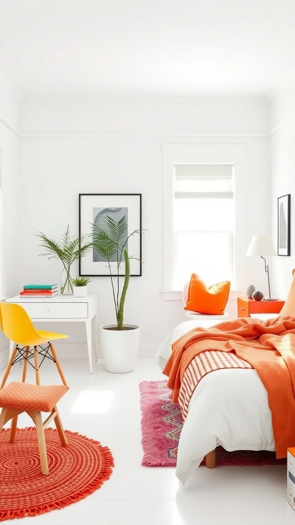 A bright white bedroom featuring bold orange accents and colorful decor.