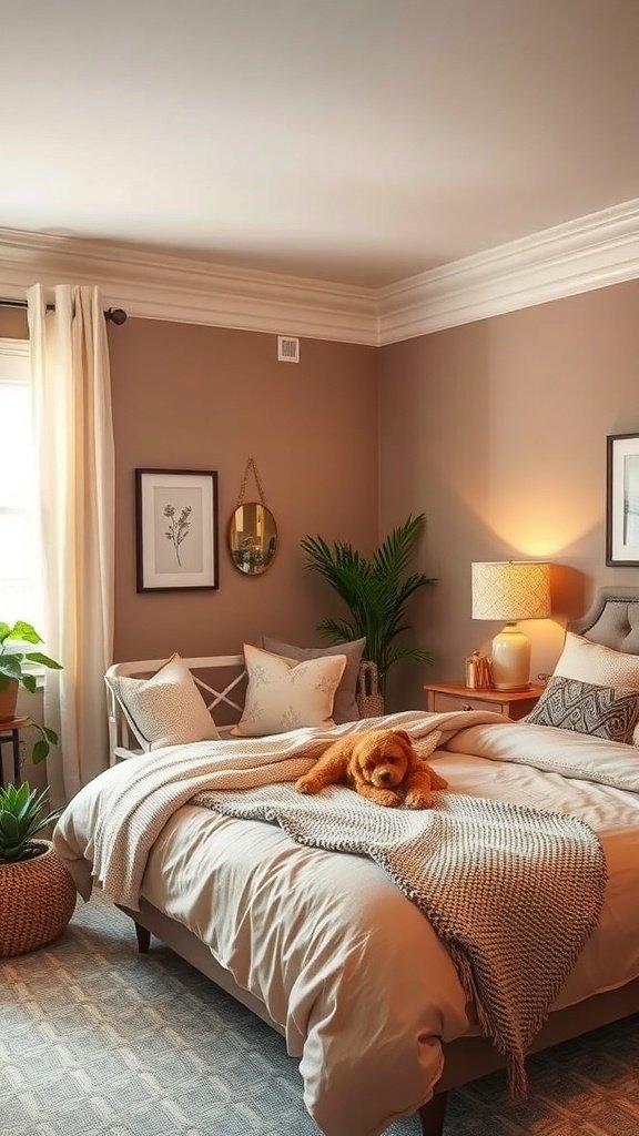 A cozy bedroom featuring soft taupe walls, a bed with neutral bedding, and plants for a warm atmosphere.