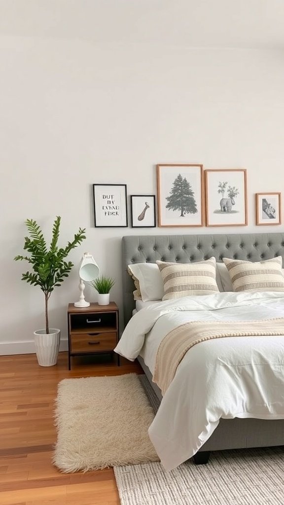A neutral bedroom featuring a gray tufted bed, decorative pillows, framed artwork on the wall, and a small plant beside a nightstand.