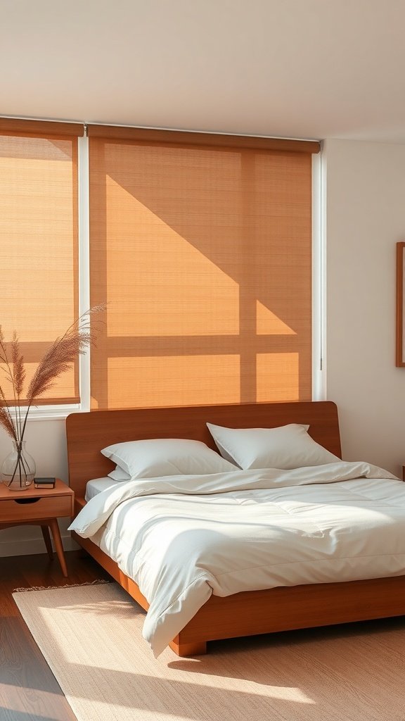 A cozy bedroom featuring soft mocha shades with a wooden bed and natural decor.
