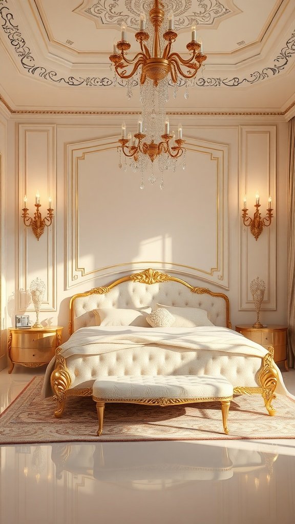 A luxurious bedroom featuring cream and gold decor with a chandelier and ornate furnishings.