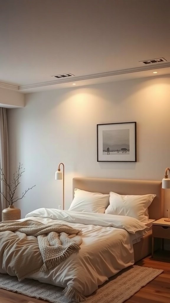 A softly lit neutral bedroom with a cozy bed, warm lighting fixtures, and simple decor.