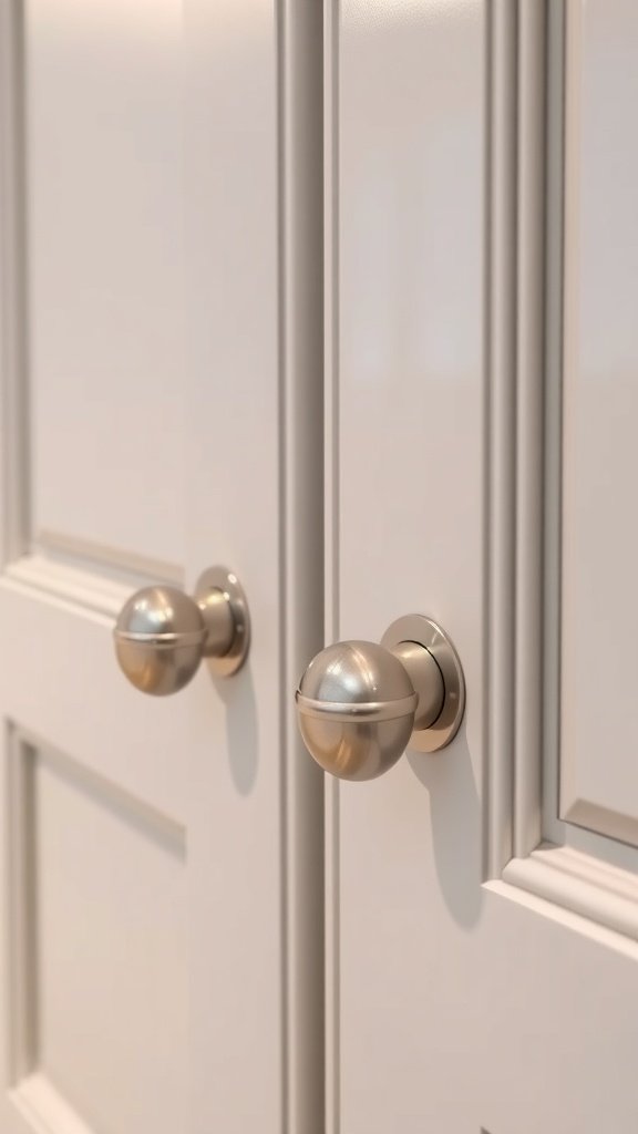 Close-up of modern cabinet hardware on white kitchen cabinets.