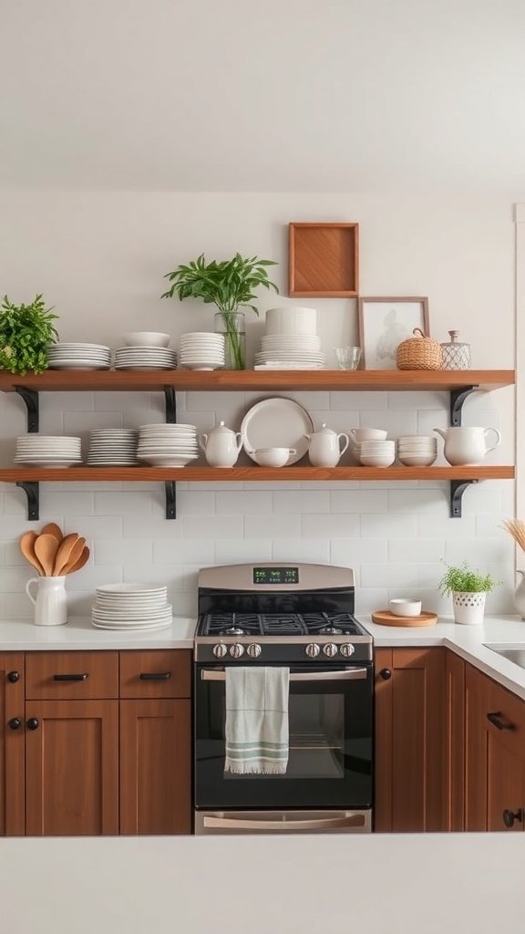 A kitchen with open shelving displaying plates, plants, and decorative items.