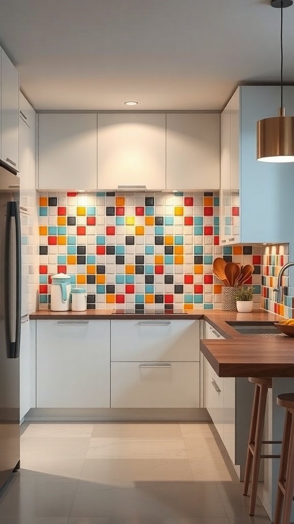 A vibrant kitchen with a colorful tiled backsplash featuring various shades and patterns.