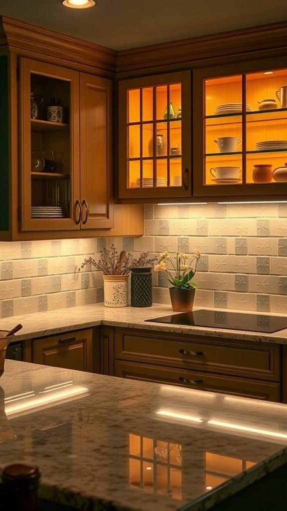 A modern kitchen with under-cabinet lighting illuminating the countertop.