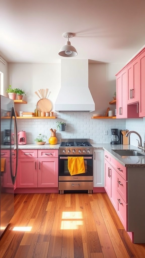 A modern kitchen with pink cabinets and wooden accents.