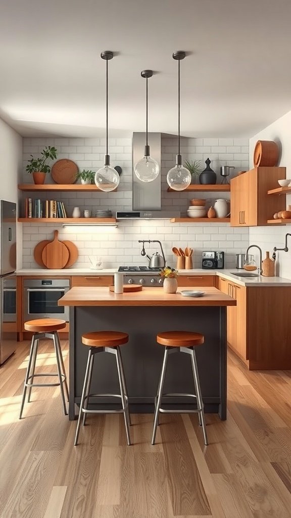 A modern kitchen featuring a central island with wooden stools, bright lighting, and a clean design.