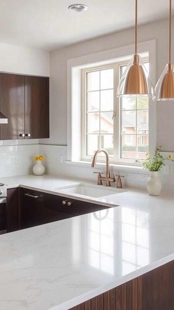 Modern kitchen with white marble countertops and dark cabinets
