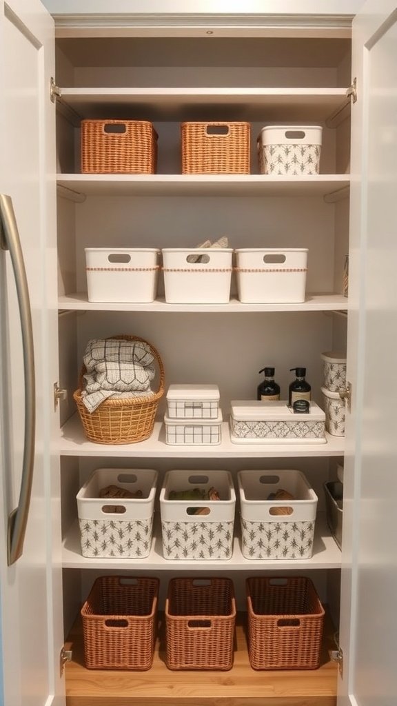 A neatly organized kitchen pantry with decorative storage bins.