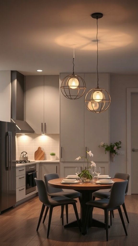 Modern kitchen with stylish pendant light fixtures above a dining table.
